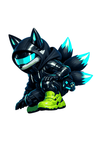 Cyber fox character crouched on a platform edge, looking down at the race track below