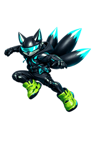 Cyber fox character mid-jump between platforms, tails streaming with cyan light