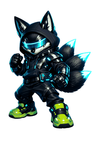 Cyber fox character in battle stance, chrome armor and glowing cyan visor